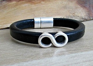 Gold Silver Mens Leather Bracelet Infinity Leather Mens Bracelet Cuff, Magnetic Clasp Customized On Your WristFathers day gift