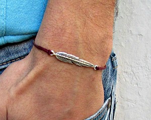 Long Feather, Unisex Bracelet, Silver Feather Charm, Cord Bracelet For Men, Gift for him, her, Unisex Jewelry, Adjustable