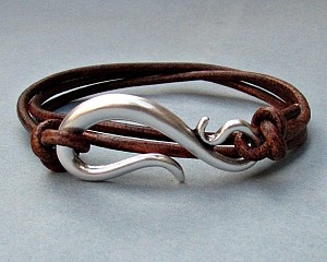 Silver Hook Mens Leather Bracelet Cuff Mens Nautical Wrap Bracelet Adjustable