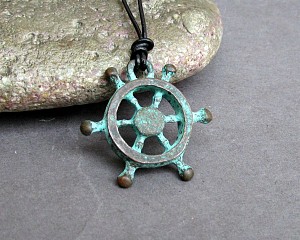 Nautical wheel Mens Necklace Pendant Blue Green Mens Necklace Pendant Adjustable