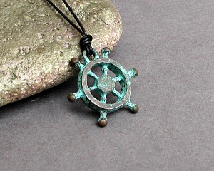 Nautical wheel Mens Necklace Pendant Blue Green Mens Necklace Pendant Adjustable