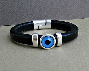 Evil Eye Mens Bracelet Blue Eye Leather Mens Bracelet Cuff Silver Plating Magnetic Clasp Customized On Your Wrist