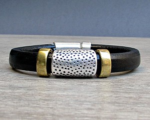 Mens Leather Bracelet, Silver, Bronze, Copper, Leather Mens Bracelet Cuff, Boyfriend Gift, Magnetic Clasp Customized On Your Wrist