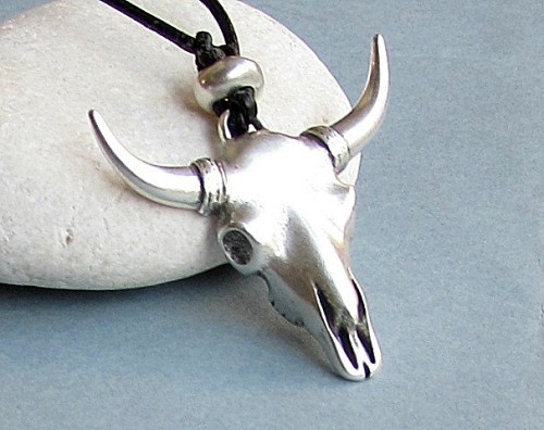 Bull Head Mens Silver Necklace Pendant Gunmetal Long Leather Horns Necklace Pendant Adjustable