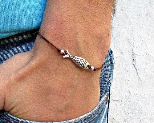 Fish Bracelet, Men's Bracelet, Silver Fish Charm, Cord Bracelet For Men, Gift for him, Fisherman Bracelet, mens jewelry, Adjustable
