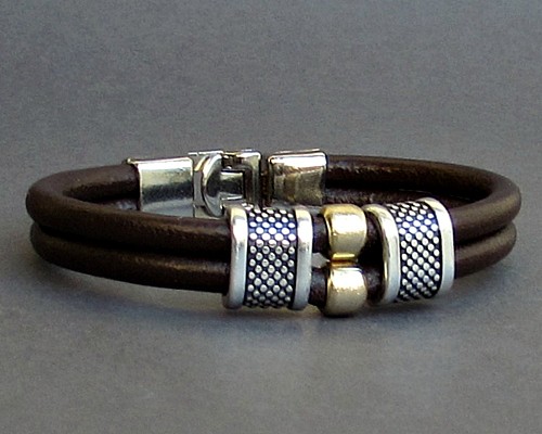 Mens Leather Bracelet Leather Men Beaded Bracelet Cuff  Brown Black Antique Silver Plated Customized On Your Wrist MS1