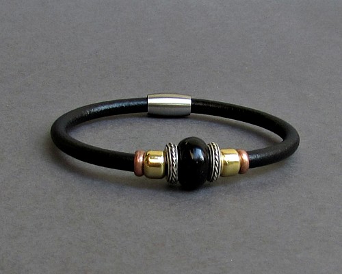 Black Agate Leather Bracelet For Men Women Beaded Gemstone Bracelet Silver Bracelet Boyfriend Gift Mens Jewelry customized to your wrist