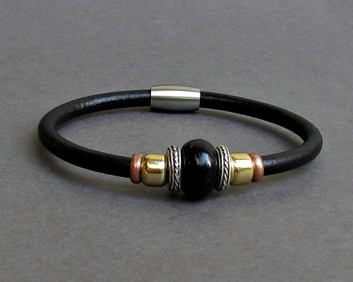 Black Agate Leather Bracelet For Men Women Beaded Gemstone Bracelet Silver Bracelet Boyfriend Gift Mens Jewelry customized to your wrist