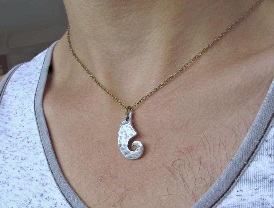 Ocean Wave Mens  Necklace Silver Handmade Hammered Unisex Mens Necklace