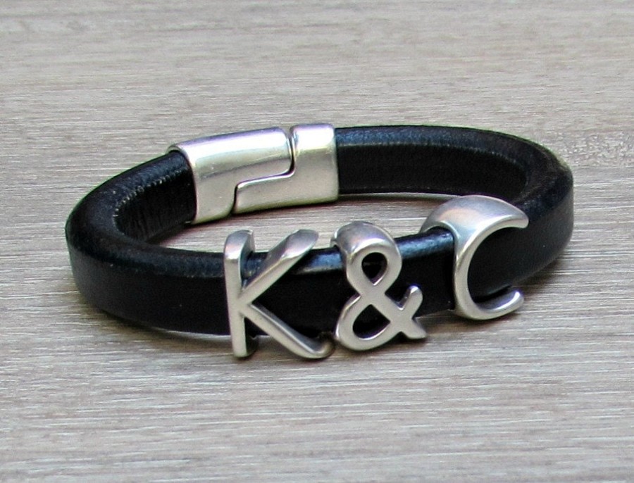 Two Initials Bracelet, Personalized Initial Bracelet, Silver Monograms Leather Bangle Bracelet, Customized on your wrist