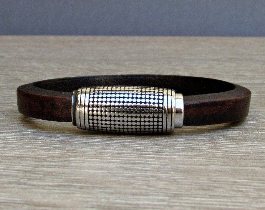 Stainless Steel, Mens Bracelet, Silver Leather Bracelet, Leather Mens Bracelet, Customized On Your WristFathers day gift