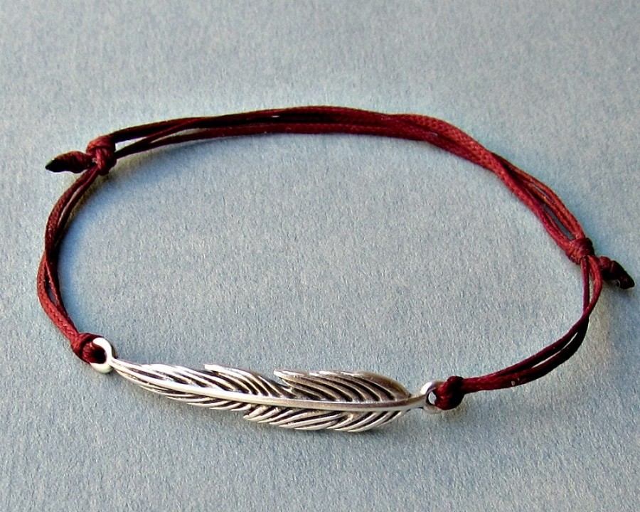 Long Feather, Unisex Bracelet, Silver Feather Charm, Cord Bracelet For Men, Gift for him, her, Unisex Jewelry, Adjustable