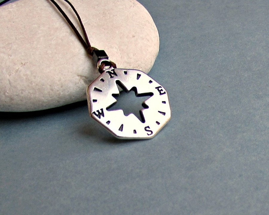 Compass Necklace Pendant,Mens Silver Charm, Cord Necklace Pendant, Adjustable