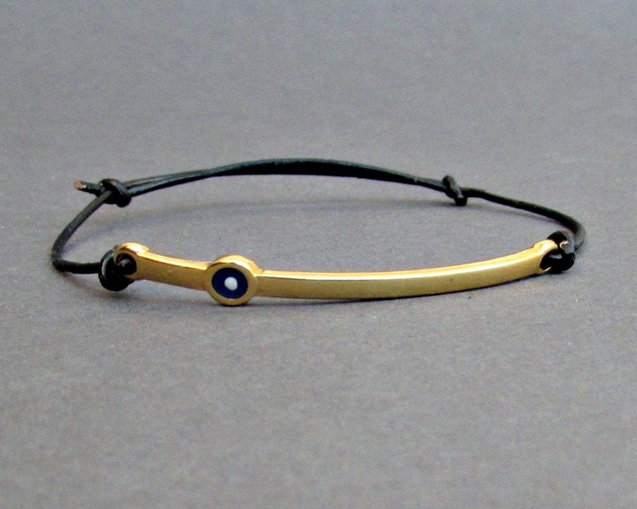 Evil Eye, Gold, Rose Gold, Bar Bracelet, Unisex Leather Cord Bracelet His And Hers Silver Dainty Bracelet Adjustable