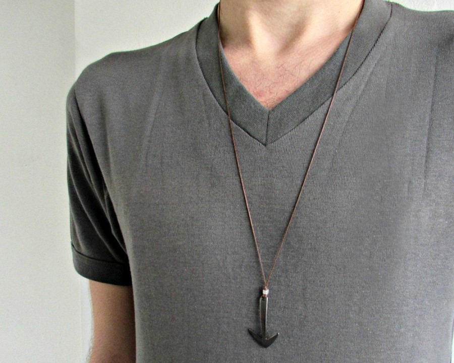 Mens Anchor Necklace Pendant, Gunmetal Silver Anchor Leather Necklace Pendant Adjustable