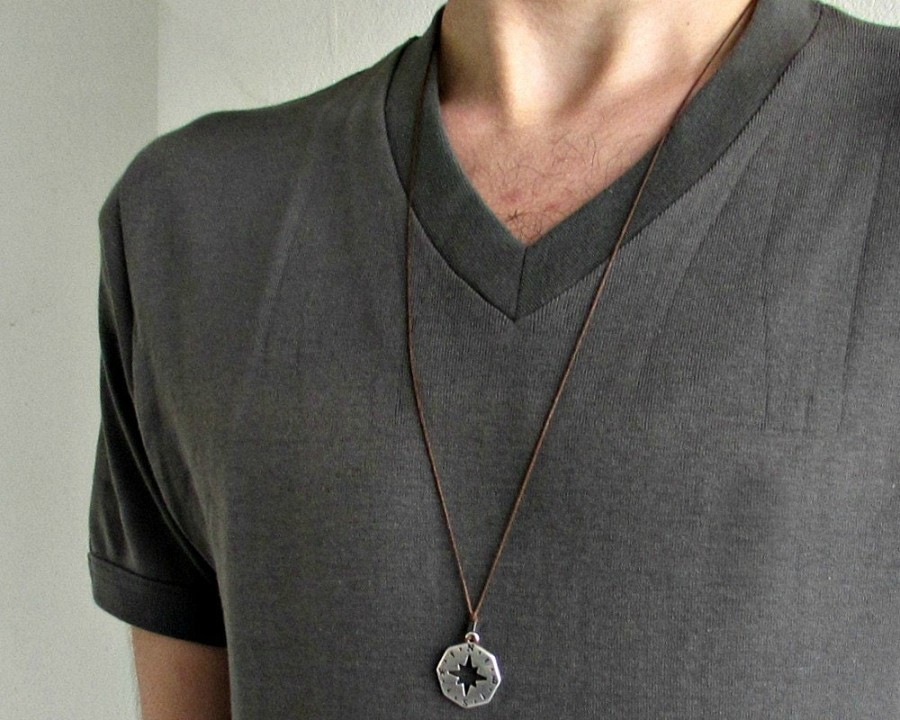 Compass Necklace Pendant,Mens Silver Charm, Cord Necklace Pendant, Adjustable
