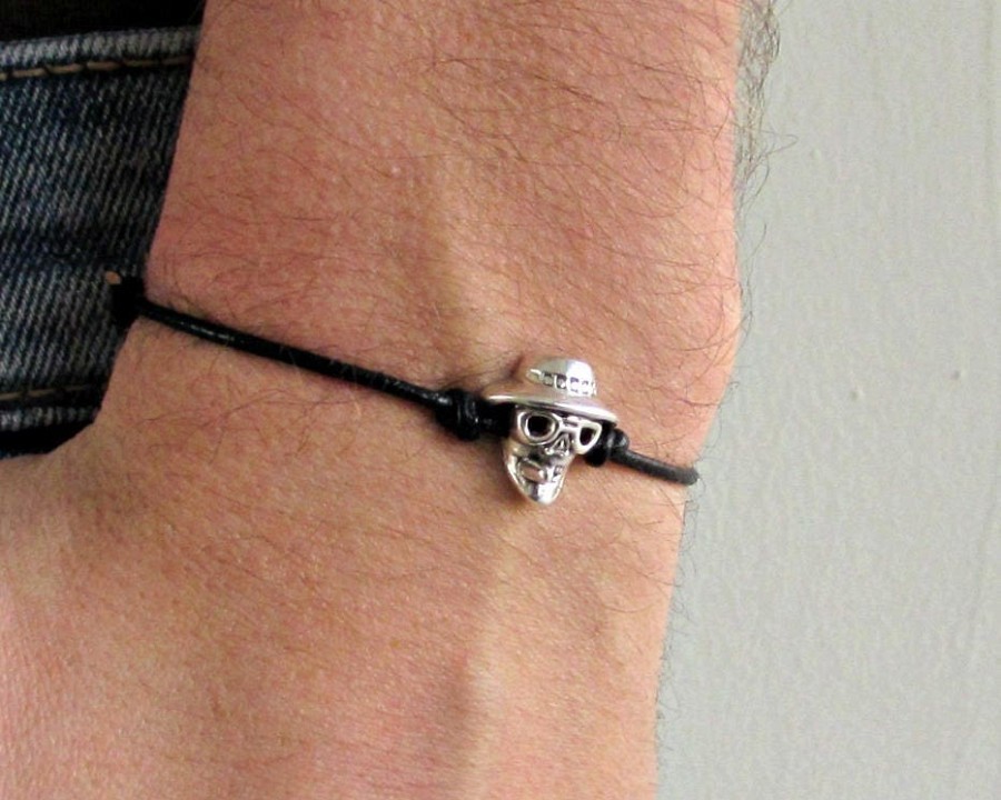 Smoking Skull, Mens Bracelet, Silver Skull Charm, Leather Bracelet For Men, Gift for him, Bestfriend Bracelet, mens jewelry, Adjustable