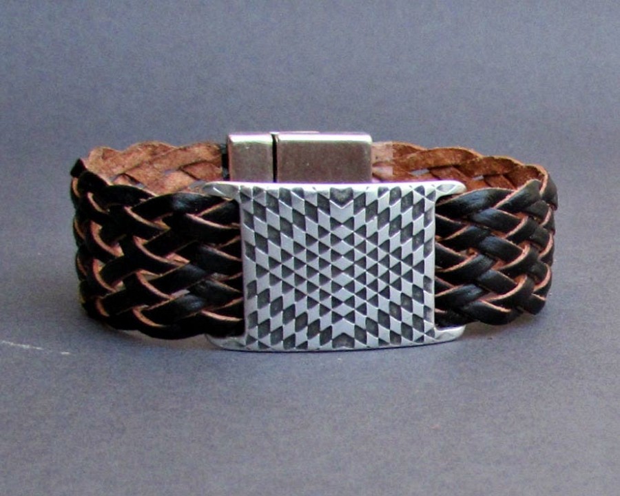 Braided Leather Bracelet Cuff Geometric Mens Silver Bracelet Cuff Customized To Your WristFathers day gift