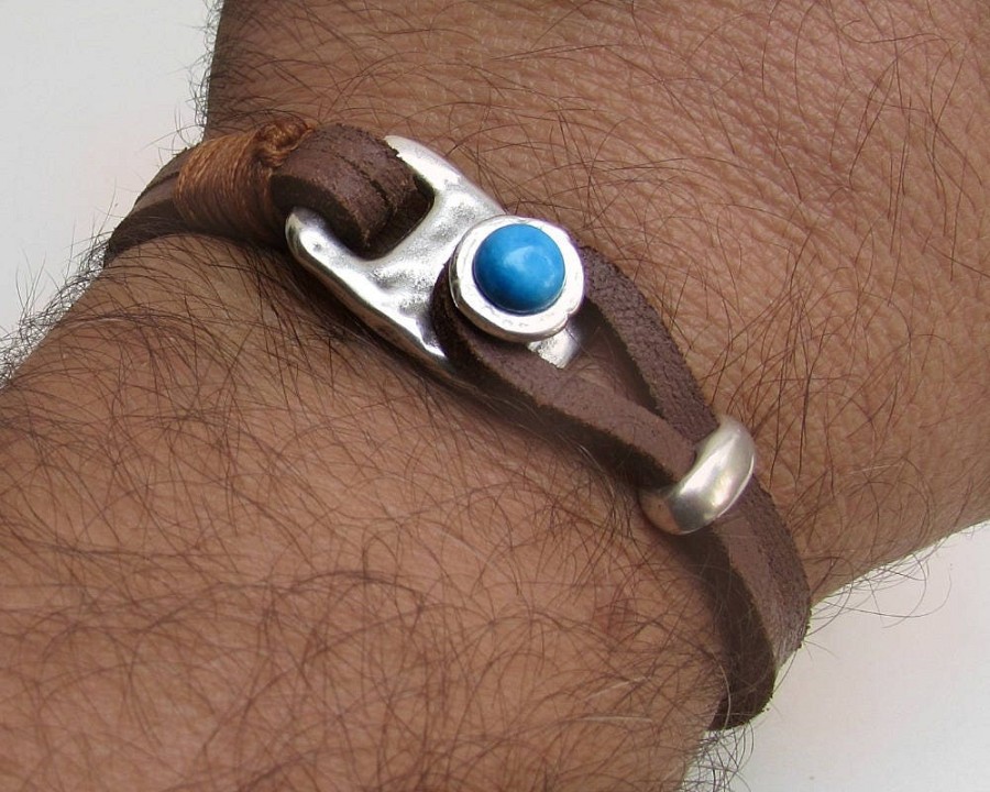 Men Leather Bracelet Hammered Gemstone Silver Bracelet Eye Tiger, onyx, Sodalite, Snow Flake, Agate, Aventurine, Haolite, Unakite, Carnelian