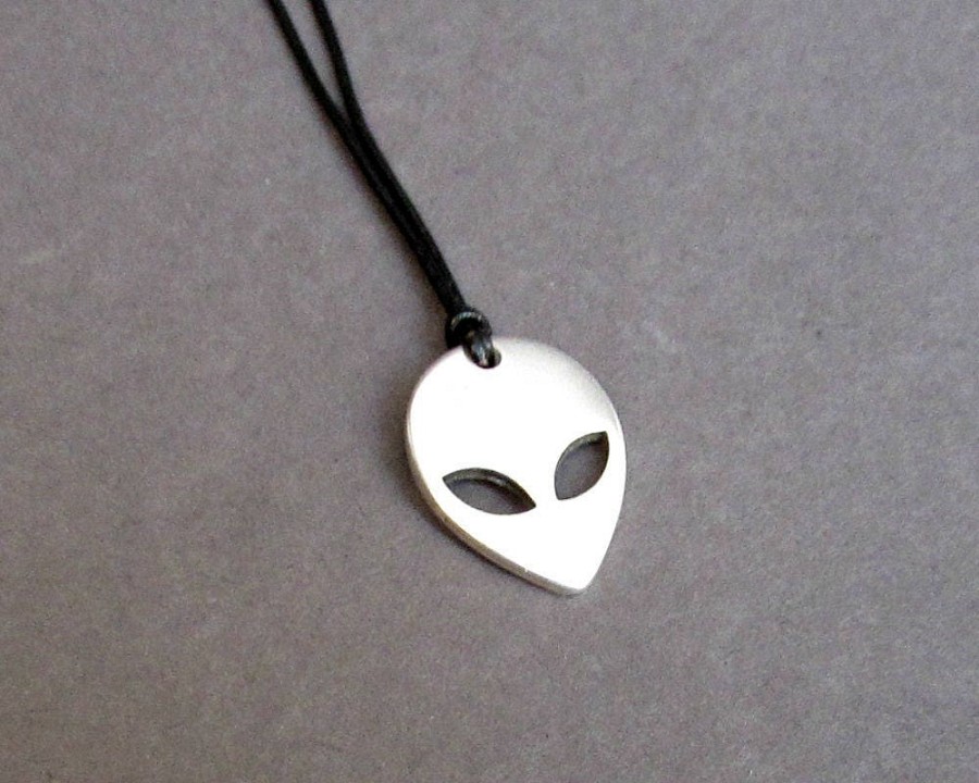 Alien Mens Necklace Pendant, Mens Silver Leather Choker Necklace, Best Friend, Boyfriend Gift Adjustable