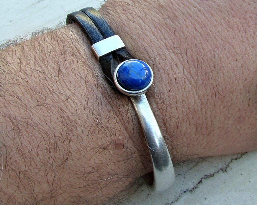 Gemstone Leather Bracelet For Men Silver Bracelet Eye Tiger, onyx, Sodalite, Agate, Aventurine, Haolite, Unakite, Carnelian, Jasper
