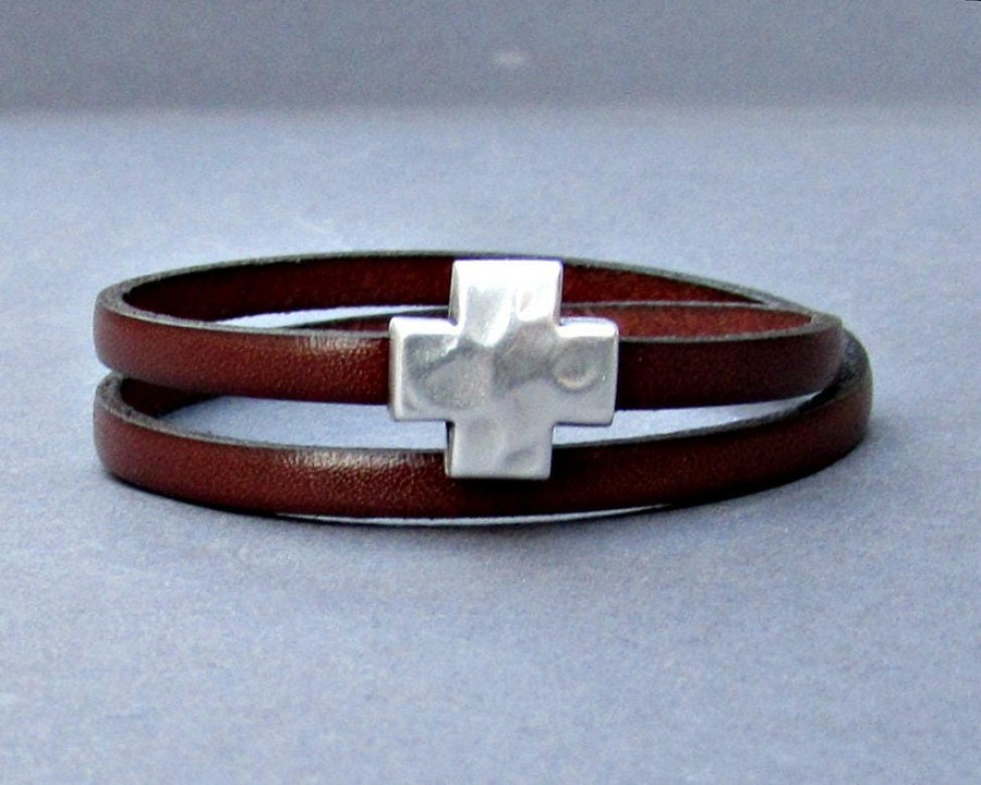 Cross Hammered Leather Bracelet Leather Double Wrap Bracelet Cuff Brown Black Blue Silver Plated Magnetic Clasp Customized On Your Wrist