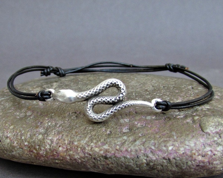 Tiny Snake Mens Bracelet, Silver Snake Charm, Leather Bracelet For Men, Gift for him, Bestfriend Bracelet, mens jewelry, Adjustable
