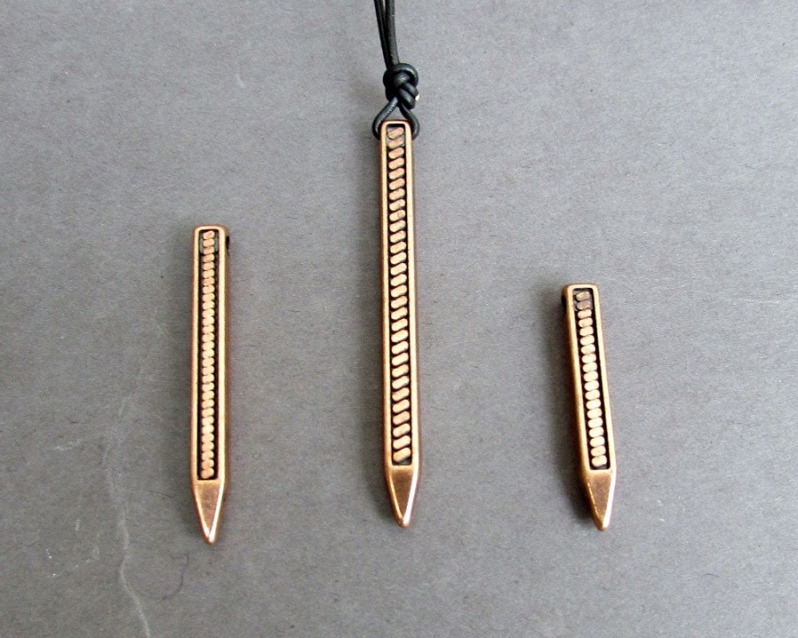 Copper Mens Bar Necklace, Pendant, Unisex Pencil Copper Long Leather Necklace Pendant, Mens Gift, Adjustable
