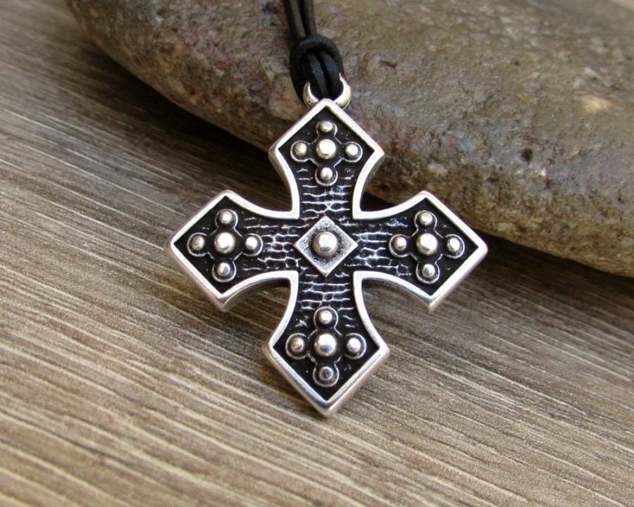 Byzantine Cross Mens Necklace, Pendant, Unisex Silver Leather Necklace Pendant, Mens Gift, Adjustable