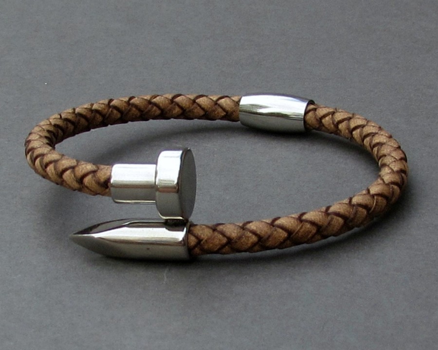 Nail Mens Leather Bracelet, Braided Bracelet For Men, Customized On Your WristFathers day gift