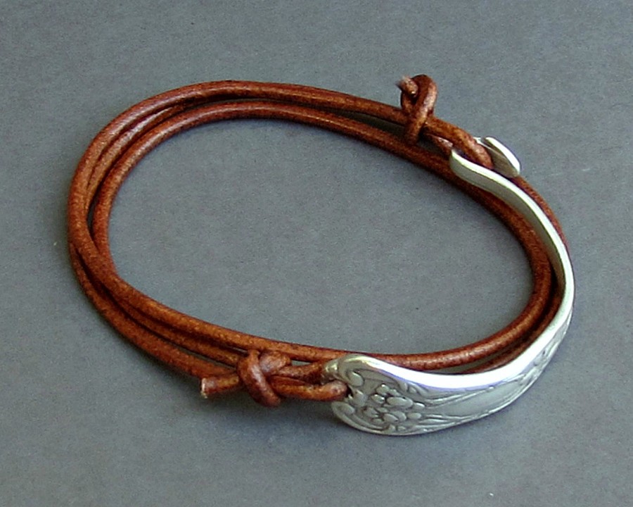 Silver Fork Bracelet, Silverware Jewelry, Eco Friendly Spoon Bracelet, Wrap Leather Bracelet, Adjustable