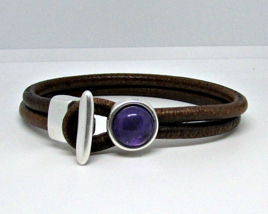 Amethyst Bracelet, Gemstone Mens Leather Bracelet Purple Amethyst Bracelet Boyfriend Gift Mens Jewelry customized to your wrist