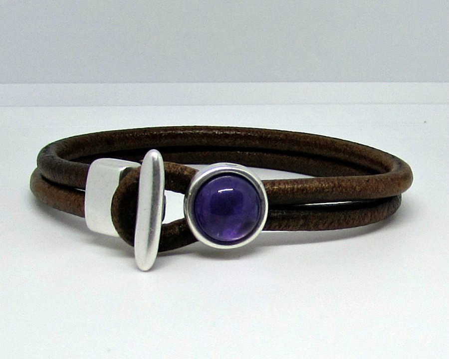 Amethyst Bracelet, Gemstone Mens Leather Bracelet Purple Amethyst Bracelet Boyfriend Gift Mens Jewelry customized to your wrist