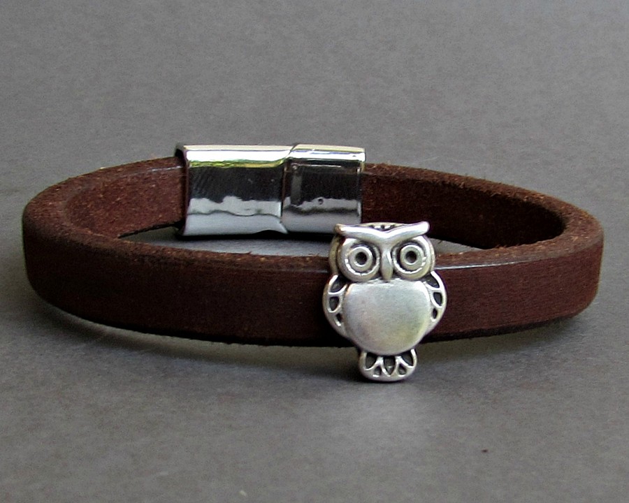 Owl Mens Leather Bracelet Leather Mens Bracelet Cuff Silver Plating Magnetic Clasp Customized On Your Wrist Fathers day gift