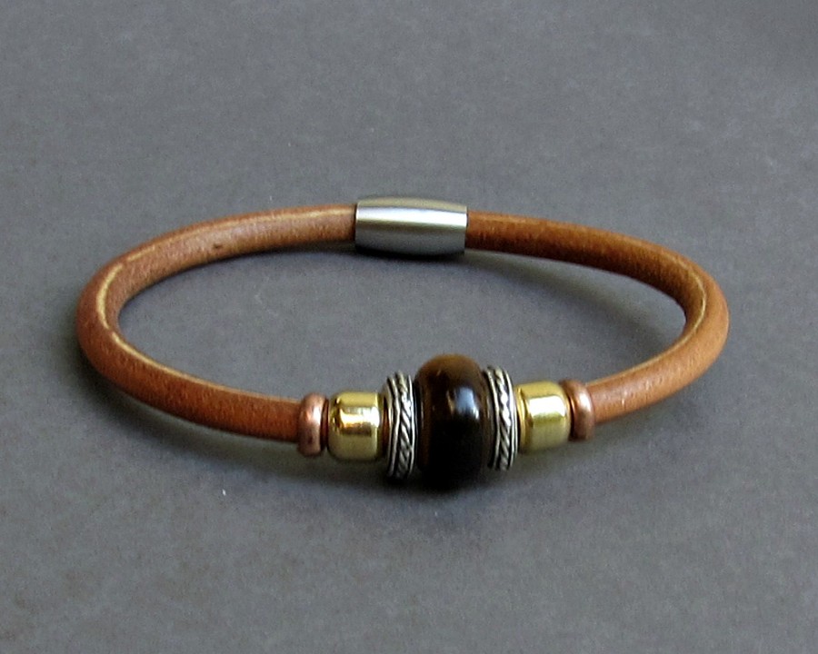 Tigers Eye Leather Bracelet For Men Women Beaded Gemstone Bracelet Silver Bracelet Boyfriend Gift Mens Jewelry customized to your wrist