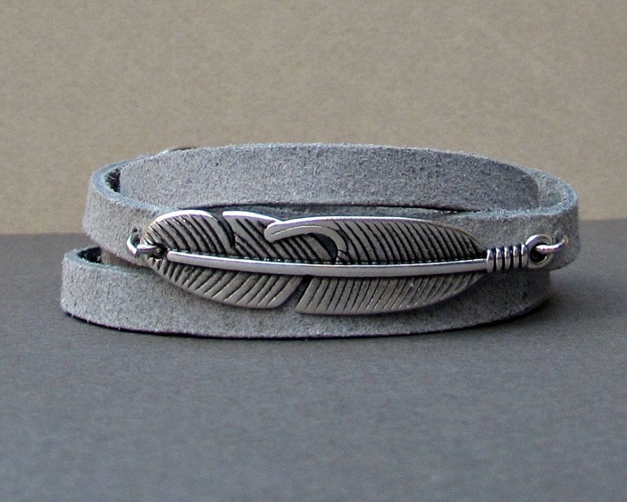Mens Feather Leather Bracelet, Wrap Bracelet Cuff, Unisex Bracelet, Adjustable to your wrist