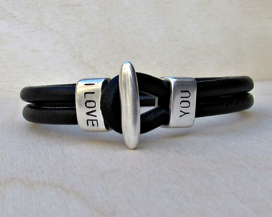 Engraved Bracelet Customized Mens Leather Bracelet Personalized Leather Men Bracelet Cuff  Antique Silver Plated Customized On Your Wrist