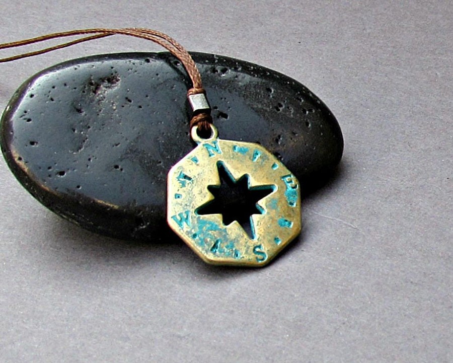 Compass Necklace Pendant,Mens Silver Charm, Cord Necklace Pendant, Adjustable