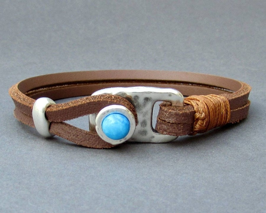 Men Leather Bracelet Hammered Gemstone Silver Bracelet Eye Tiger, onyx, Sodalite, Snow Flake, Agate, Aventurine, Haolite, Unakite, Carnelian