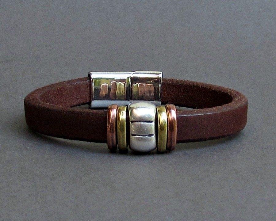 Rustic Mens Leather Bracelet Leather Mens Bracelet Cuff Silver Plating Magnetic Clasp, Boyfriend Gift Customized On Your Wrist