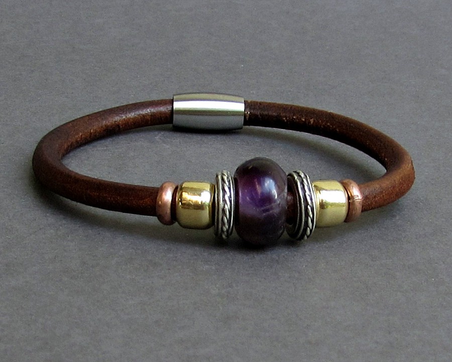Amethyst Leather Bracelet For Men Women Beaded Gemstone Bracelet Silver Bracelet Boyfriend Gift Mens Jewelry customized to your wrist