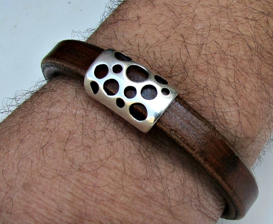 Mens Leather Bracelet Leather Mens Bracelet Cuff Brown Black Natural Silver Plated Magnetic Clasp Customized On Your WristFathers day gift