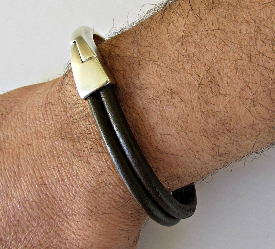 Leather Mens Bracelet Mens Leather Bracelet Cuff Brown Black Silver Plated Magnetic Clasp Customized On Your WristFathers day gift