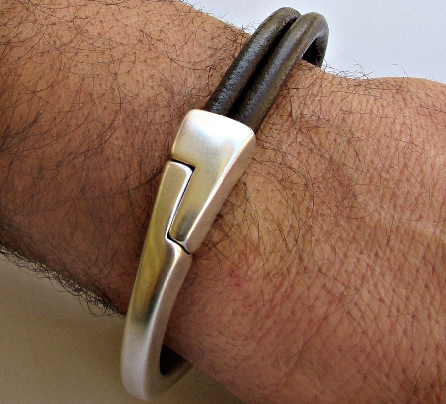 Leather Mens Bracelet Mens Leather Bracelet Cuff Brown Black Silver Plated Magnetic Clasp Customized On Your WristFathers day gift