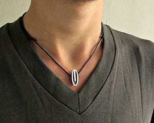 Minimalist Mens Necklace Pendant, Silver Charm, Leather Necklace Pendant, Adjustable