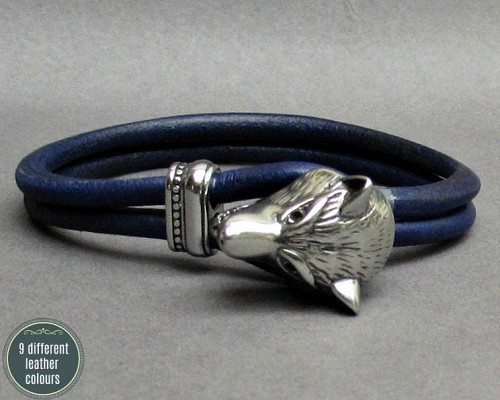Wolf Head Leather Bracelet, Stainless Steel Mens Leather bracelet Cuff Gift For Men Customized On Your WristFathers day gift